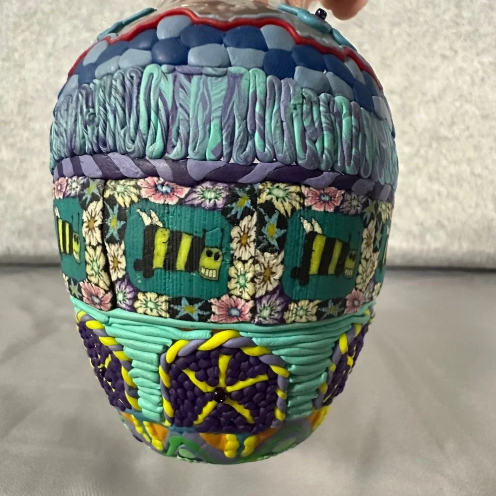 Handmade Polymer Clay Overlay Vase Small Multicolor Floral Bee Art Glass